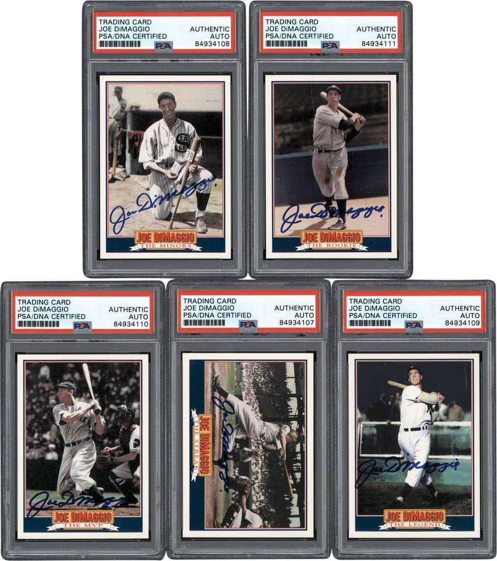 1992 Joe DiMaggio Signed Complete Set of 5 Score Cards PSA Authenticated: 1992 Joe DiMaggio Signed Complete Set of 5 Score Cards PSA Authenticated This is a complete set of five 1990s Score Joe DiMaggio insert baseball cards, each autographed in bold blue Sharpie by the leg