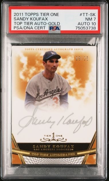 Sandy Koufax 2011 Topps Tier One Gold Auto PSA 10 09/25: Sandy Koufax 2011 Topps Tier One Gold Auto PSA 10 09/25 This is a 2011 Topps Tier One Gold baseball card featuring Sandy Koufax, a legendary player for the Los Angeles Dodgers. The card is serial numb