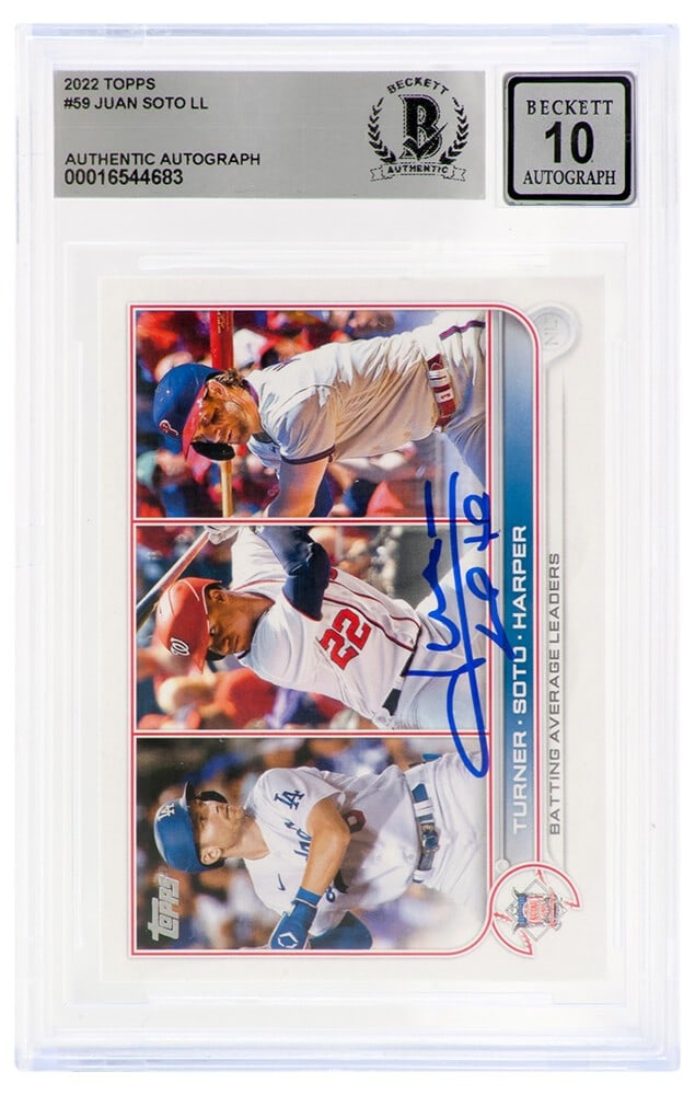 Juan Soto Signed 2022 Topps Leaders Card #59 Beckett Auto 10: Juan Soto Signed 2022 Topps Leaders Card #59 Beckett Auto 10 This is a Juan Soto signed Washington Nationals 2022 Topps batting average leaders trading card, numbered #59. The signature has been authe