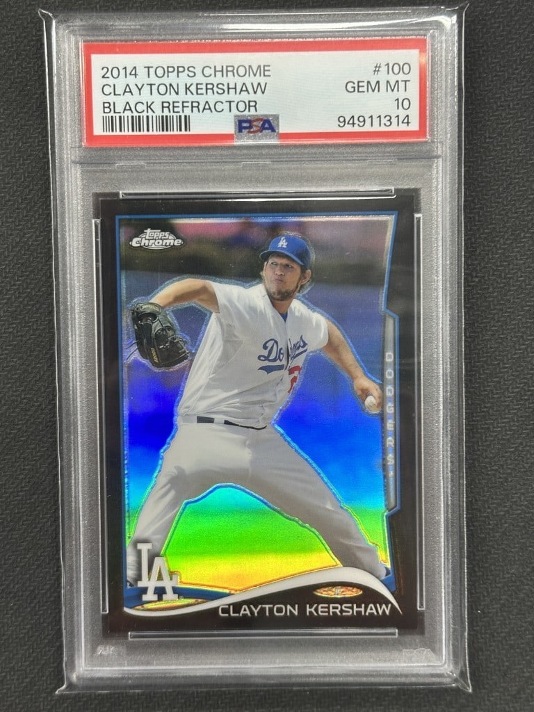 Clayton Kershaw 2014 Topps Chrome Black Refractor PSA 10 #100: Clayton Kershaw 2014 Topps Chrome Black Refractor PSA 10 #100 This is a 2014 Topps Chrome Black Refractor baseball card featuring Clayton Kershaw, a celebrated player for the Los Angeles Dodgers. The 