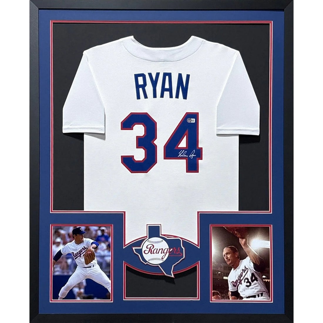 Framed Nolan Ryan autographed Texas Rangers jersey Beckett authenticated: Framed Nolan Ryan autographed Texas Rangers jersey Beckett authenticated This framed Texas Rangers jersey is autographed by Nolan Ryan and authenticated by Beckett. The display features detailed frami