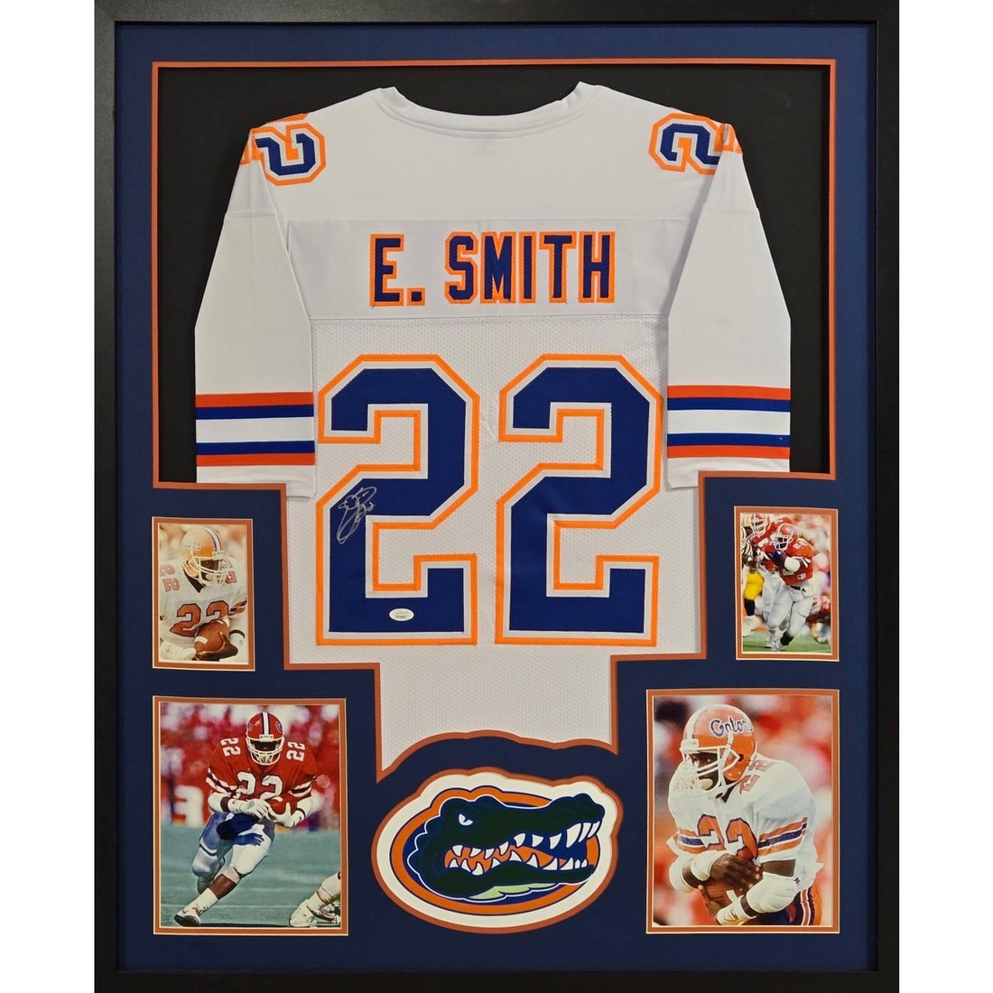 Emmitt Smith Autographed Framed Jersey Florida Gators JSA Certified: Emmitt Smith Autographed Framed Jersey Florida Gators JSA Certified This autographed Emmitt Smith framed jersey is a stunning collectible for any Florida Gators fan. Authenticated by JSA, a leader in 