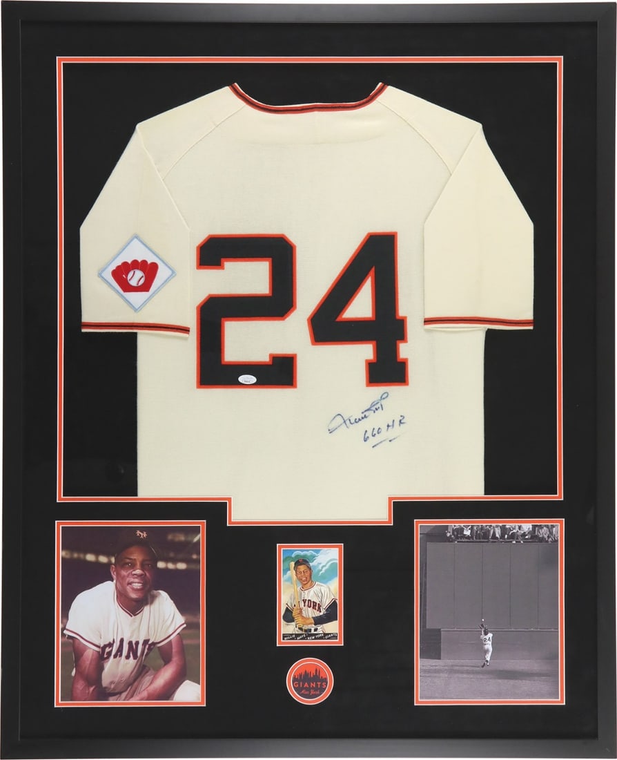 Framed Willie Mays New York Giants Jersey 660 HR JSA LOA: Framed Willie Mays New York Giants Jersey 660 HR JSA LOA This authentic New York Giants Mitchell & Ness jersey has been personally signed and inscribed with "660 HR" by legendary baseball player Willi