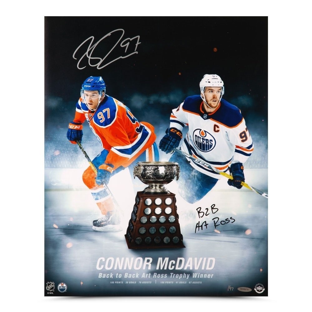 Connor McDavid Autographed 16x20 Photo Limited to 97 Oilers: Connor McDavid Autographed 16x20 Photo Limited to 97 Oilers This stunning 16X20 photo features Connor McDavid, the star player of the Edmonton Oilers, celebrating his achievement in winning back-to-ba