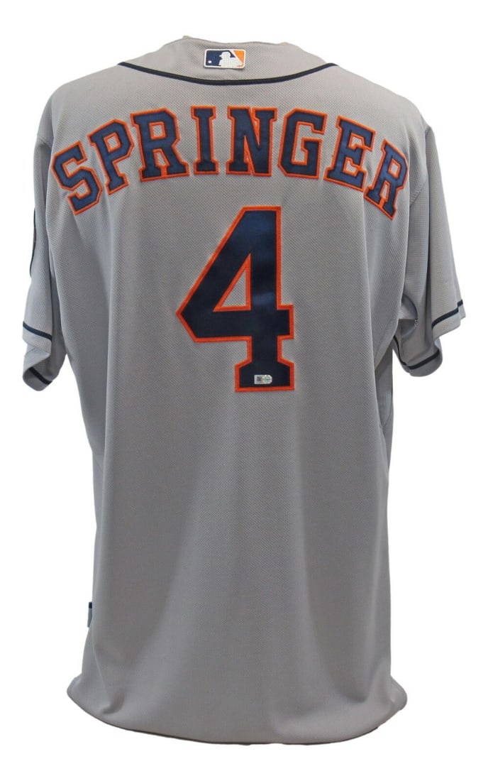 2014 Game Worn Houston Astros Jersey George Springer Rookie Season: 2014 Game Worn Houston Astros Jersey George Springer Rookie Season This is a 2014 Houston Astros jersey worn by George Springer during his rookie year and used in a Major League Baseball game. The jer