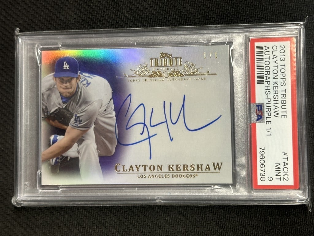 Clayton Kershaw 2013 Topps Tribute Purple Auto PSA 9 #TACK2: Clayton Kershaw 2013 Topps Tribute Purple Auto PSA 9 #TACK2 This is a rare Clayton Kershaw 2013 Topps Tribute Purple Autographed Baseball Card, designated with card number #TACK2. Graded by Profession