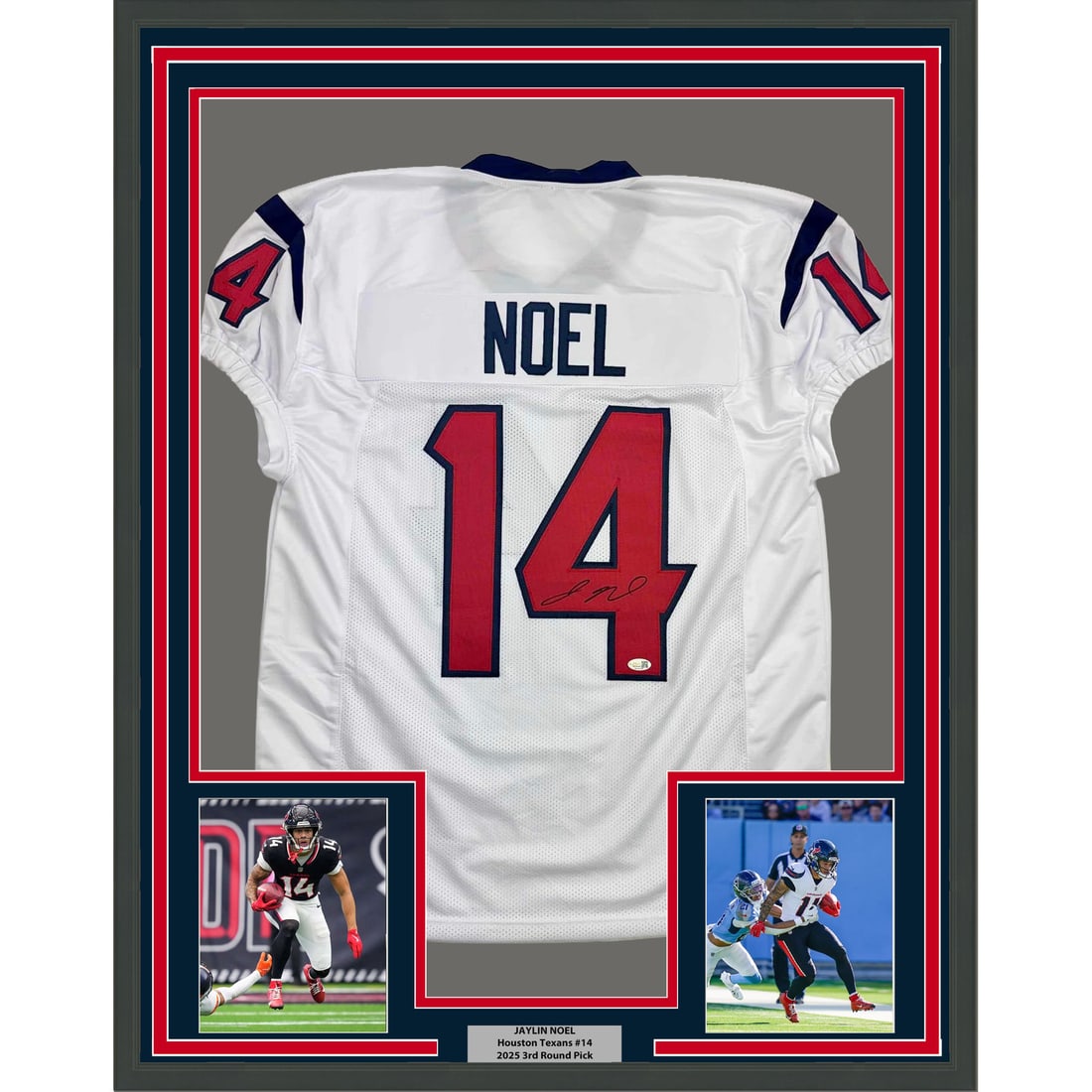 Jaylin Noel Signed Houston Texans Jersey in 35x39 Framed Display JSA COA: Jaylin Noel Signed Houston Texans Jersey in 35x39 Framed Display JSA COA This professionally framed and matted display features a Houston Texans white jersey autographed by Jaylin Noel. The jersey is 