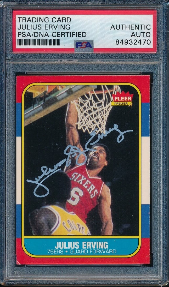 Julius Erving 1986 Fleer #31 PSA DNA Autographed 76ers Card: Julius Erving 1986 Fleer #31 PSA DNA Autographed 76ers Card This is an original 1986 Fleer #31 basketball card featuring Julius "Dr. J" Erving of the Philadelphia 76ers. The card is hand-signed by Jul