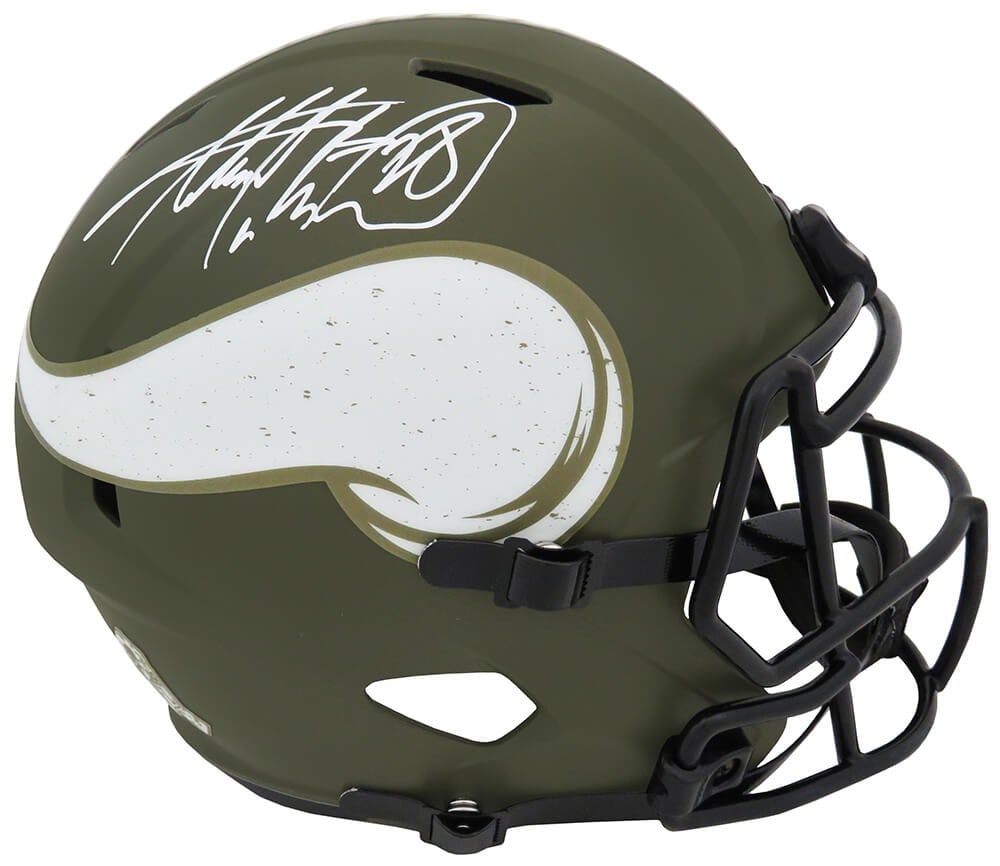 Adrian Peterson Signed Vikings Riddell Full Size Helmet with COA: Adrian Peterson Signed Vikings Riddell Full Size Helmet with COA Adrian Peterson signed Minnesota Vikings Salute to Service Riddell full size speed replica helmet. This original helmet features the au