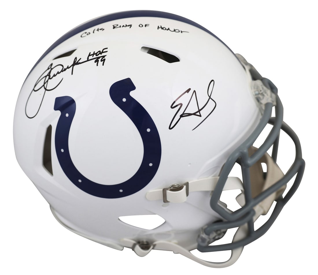 Edgerrin James Eric Dickerson Signed Colts Full Size Helmet BAS Authenticated: Edgerrin James Eric Dickerson Signed Colts Full Size Helmet BAS Authenticated This authentic full-size Riddell Speed Proline helmet is personally signed by NFL legends Edgerrin James and Eric Dickerso