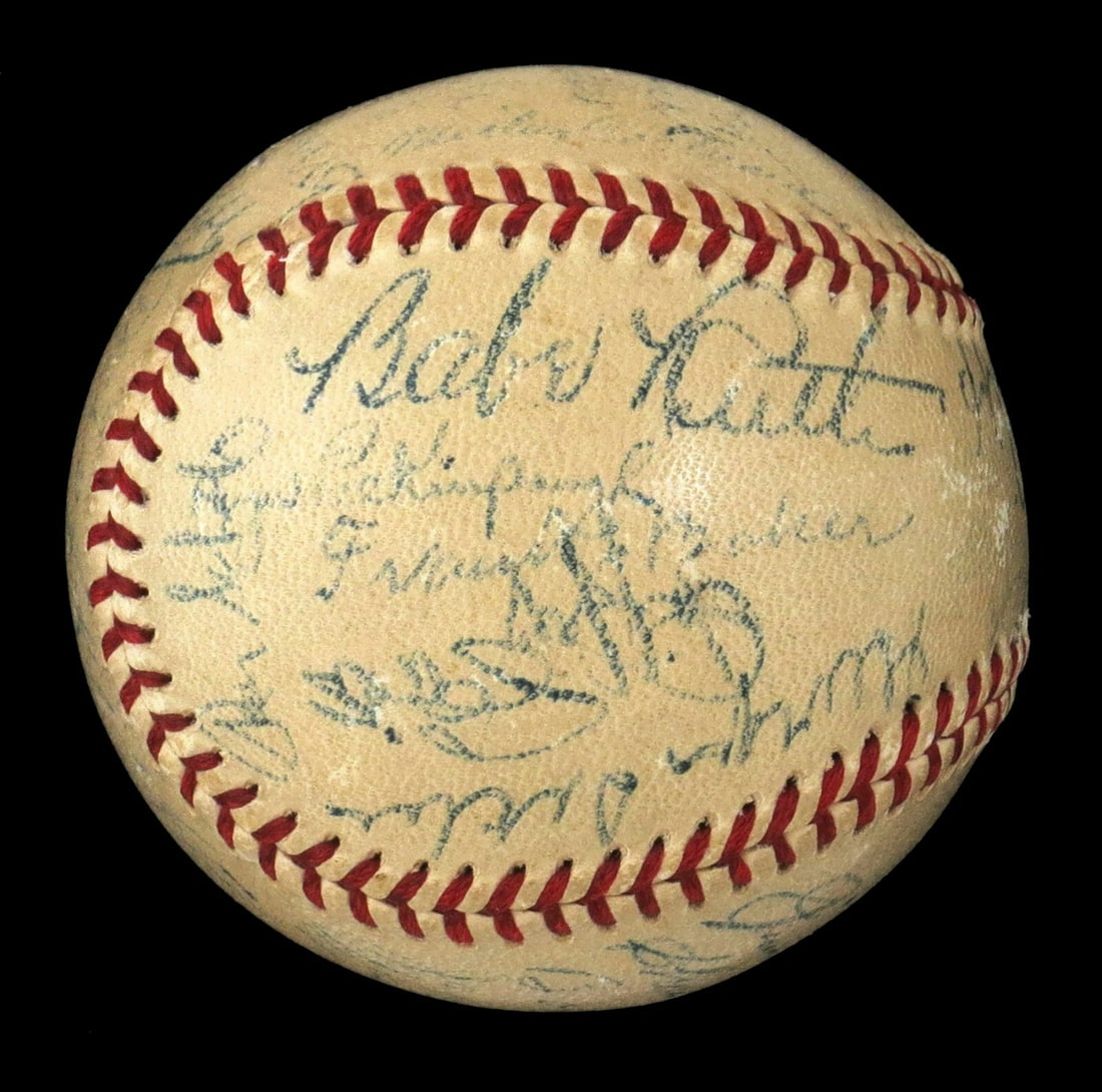 1946 Hall of Fame Multi Signed Baseball Babe Ruth Ty Cobb Cy Young Jimmie Foxx JSA Authenticated: 1946 Hall of Fame Multi Signed Baseball Babe Ruth Ty Cobb Cy Young Jimmie Foxx JSA Authenticated This extraordinary baseball is a remarkable piece of sports history, featuring the signatures of some o