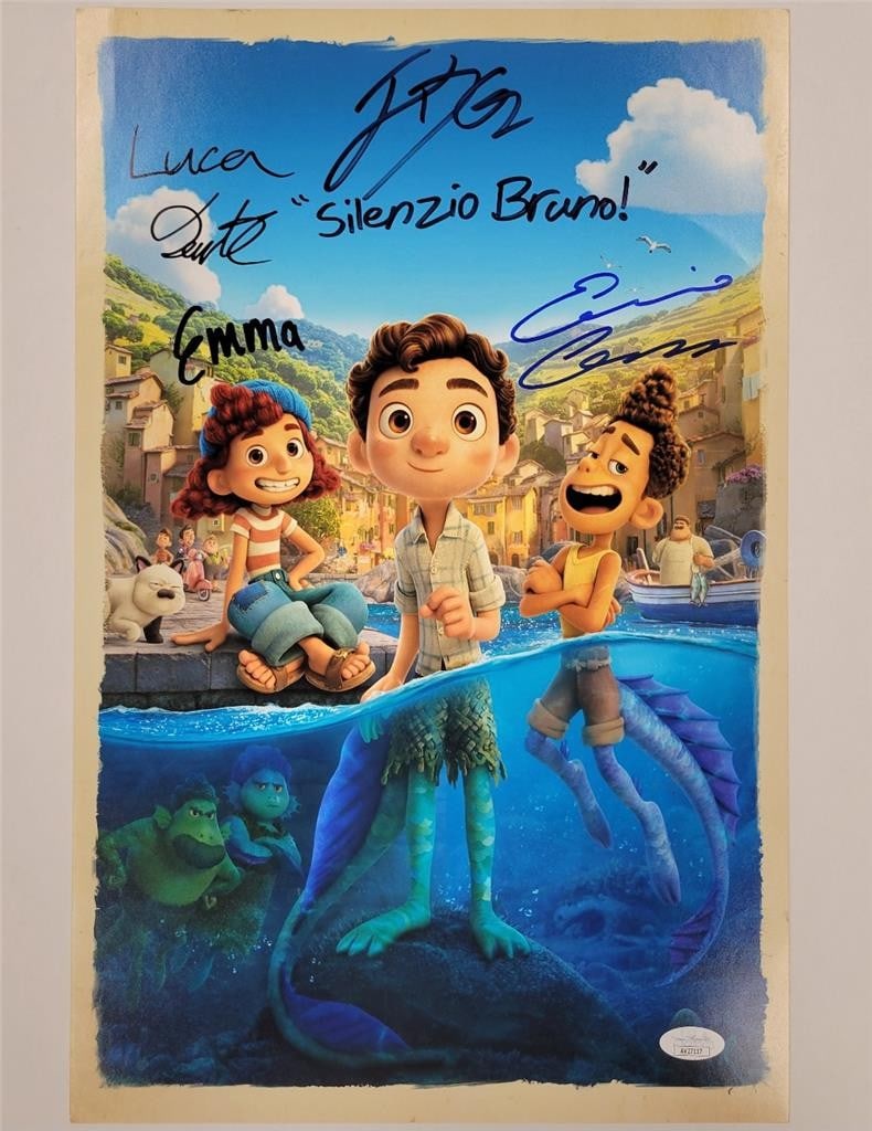 Luca Movie Cast Signed 11x17 Photo Poster JSA Authenticated: Luca Movie Cast Signed 11x17 Photo Poster JSA Authenticated This is an original 11x17 photograph poster from the animated movie 'Luca', featuring the signatures of four prominent cast members: Trembla
