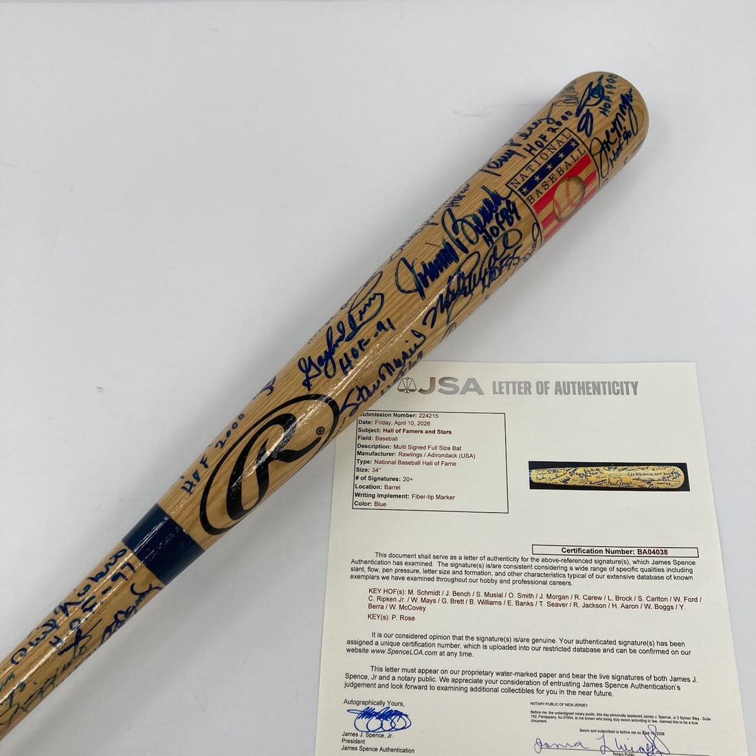 Rawlings Hall of Fame bat with 52 signatures JSA COA: Rawlings Hall of Fame bat with 52 signatures JSA COA This Rawlings "Hall of Fame" baseball bat features the signatures of fifty-two Hall of Fame inductees, including legends such as Willie Mays, Hank 