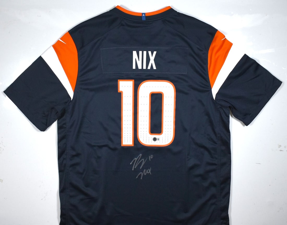 Denver Broncos Nike blue jersey signed by Bo Nix Beckett hologram: Denver Broncos Nike blue jersey signed by Bo Nix Beckett hologram This is a Denver Broncos Nike Game blue jersey autographed by Bo Nix. The jersey is authenticated by Beckett Authentication Services (