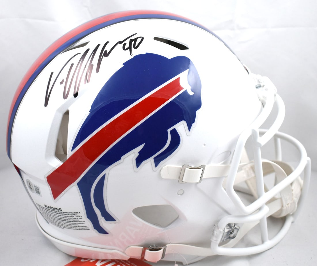 Buffalo Bills speed helmet signed by Von Miller Beckett hologram: Buffalo Bills speed helmet signed by Von Miller Beckett hologram This is an authentic Buffalo Bills full-size Speed helmet autographed by Von Miller. The helmet is an original item, not a reprint, and