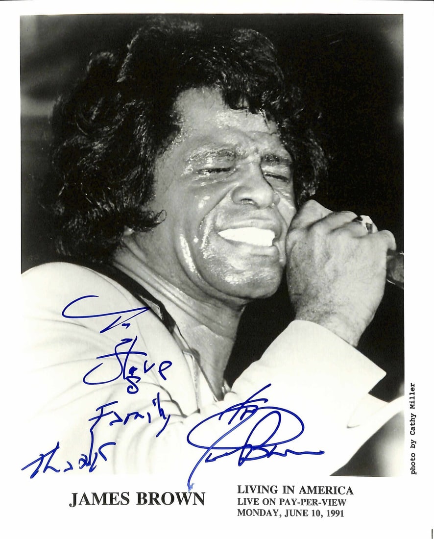 James Brown Signed 8x10 Photo with Beckett LOA Inscription: James Brown Signed 8x10 Photo with Beckett LOA Inscription This autographed 8x10 photograph features the legendary musician James Brown, personally inscribed with the message "To Steve and Family Than