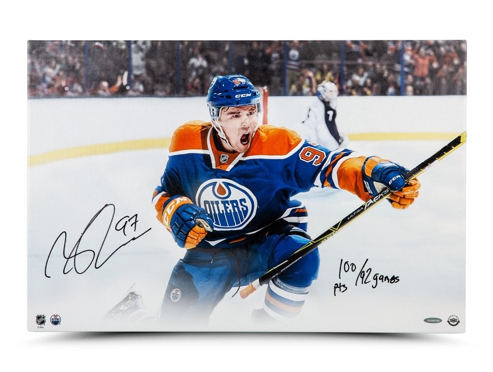 Connor McDavid Signed 16x24 Canvas Photo Oilers Upper Deck: Connor McDavid Signed 16x24 Canvas Photo Oilers Upper Deck Celebrate the incredible achievements of Connor McDavid with this autographed 16X24 canvas photo. Capturing McDavid's remarkable performance 