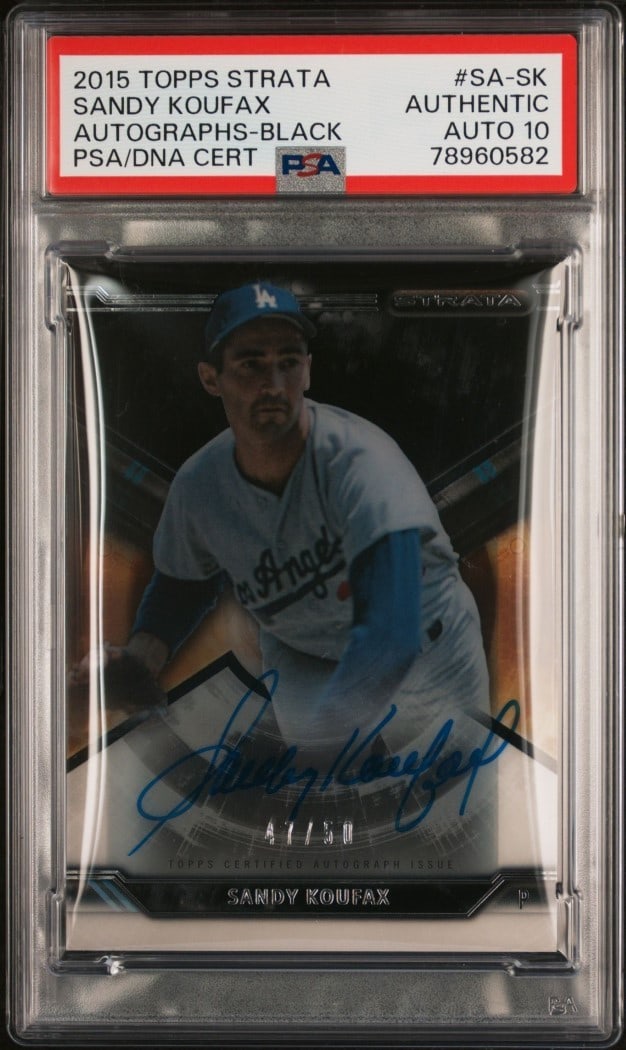 Sandy Koufax 2015 Topps Strata Black PSA 10 #SA-SK 47/50 Dodgers Card: Sandy Koufax 2015 Topps Strata Black PSA 10 #SA-SK 47/50 Dodgers Card This is a graded 2015 Topps Strata Black baseball card featuring the legendary player Sandy Koufax, representing the Los Angeles D