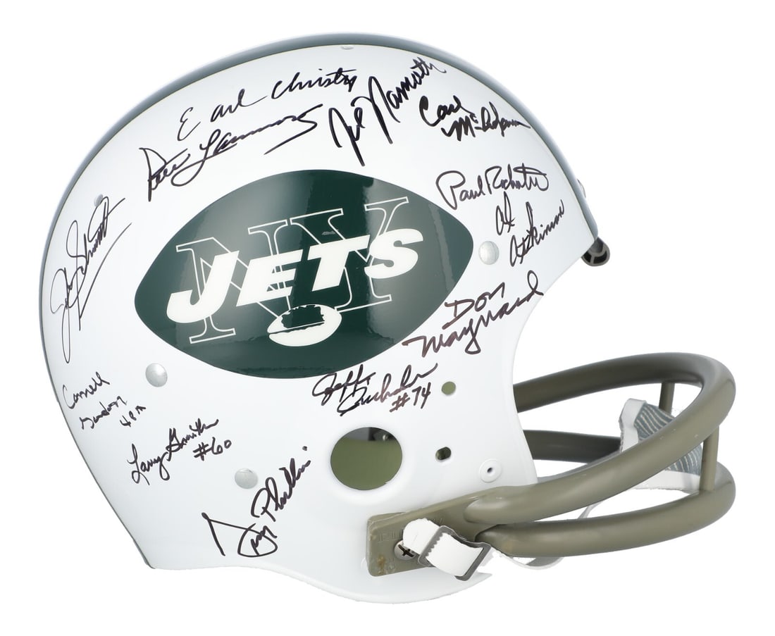 1969 New York Jets Signed Game Helmet Joe Namath Don Maynard Steiner: 1969 New York Jets Signed Game Helmet Joe Namath Don Maynard Steiner Celebrate the legacy of the 1969 New York Jets with this authentic full-size Riddell throwback game helmet, beautifully signed by 2