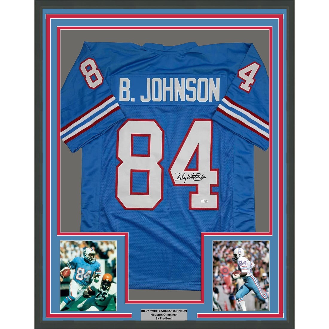 Billy White Shoes Johnson Signed Framed 35x39 Titans Jersey With JSA Authentication: Billy White Shoes Johnson Signed Framed 35x39 Titans Jersey With JSA Authentication This professionally framed and matted display features a blue jersey autographed by Billy "White Shoes" Johnson of t