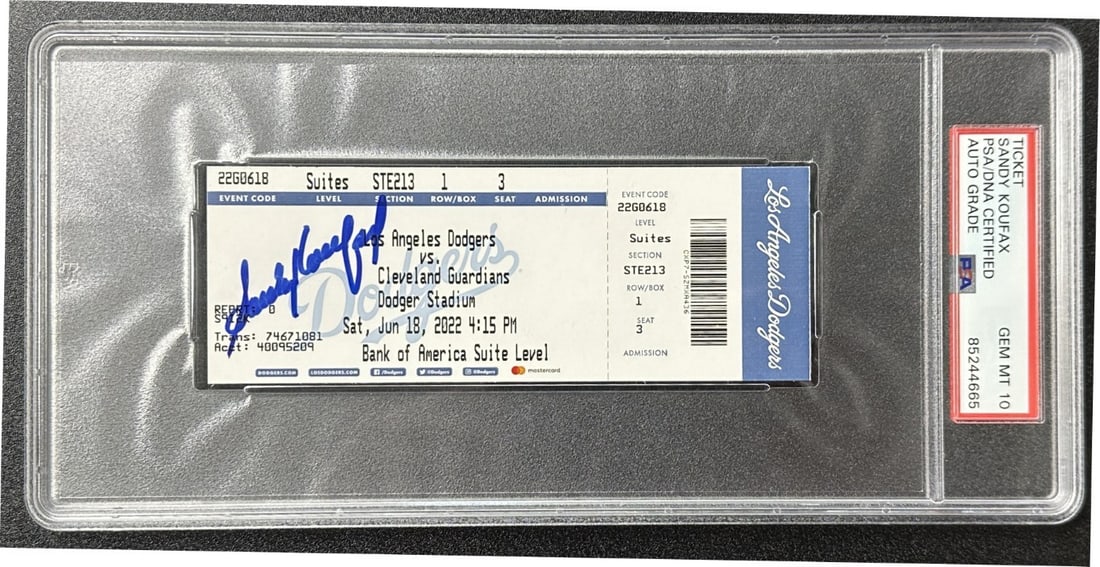 Sandy Koufax Autographed Stadium Ticket JSA PSA 10 Dodgers Statue Day 6-18-22: Sandy Koufax Autographed Stadium Ticket JSA PSA 10 Dodgers Statue Day 6-18-22 This is an original ticket stub from Statue Day, held on June 18, 2022, autographed by Sandy Koufax. The ticket has been a