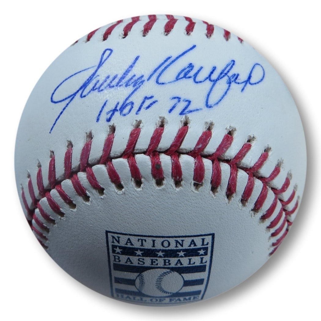 Sandy Koufax Autographed Hall of Fame Baseball Dodgers HOF 72 JSA Certified: Sandy Koufax Autographed Hall of Fame Baseball Dodgers HOF 72 JSA Certified This is an authentic Hall of Fame baseball signed by legendary player Sandy Koufax, featuring his inscription "HOF 72". The 