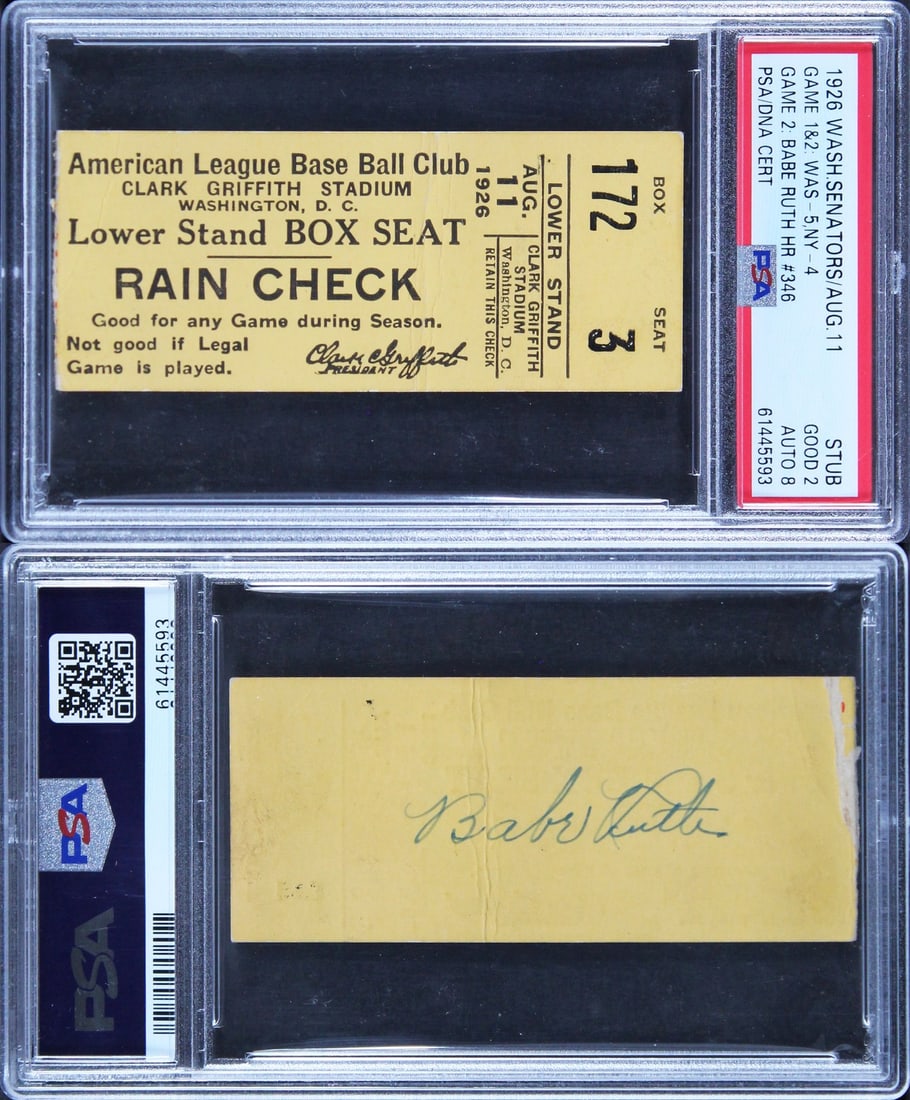 Babe Ruth Signed 1926 Yankees Ticket Stub PSA Authenticated Auto 8: Babe Ruth Signed 1926 Yankees Ticket Stub PSA Authenticated Auto 8 This rare collectible features an original ticket stub from the New York Yankees' double header against the Washington Senators on Au