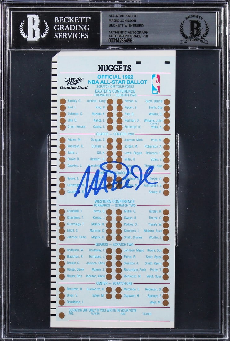 Magic Johnson Signed 1992 All-Star Ballot Gem Mint 10 BAS Slabbed Lakers: Magic Johnson Signed 1992 All-Star Ballot Gem Mint 10 BAS Slabbed Lakers This authentic 1992 All-Star Ballot has been personally signed by Magic Johnson, a legendary player of the Los Angeles Lakers. 