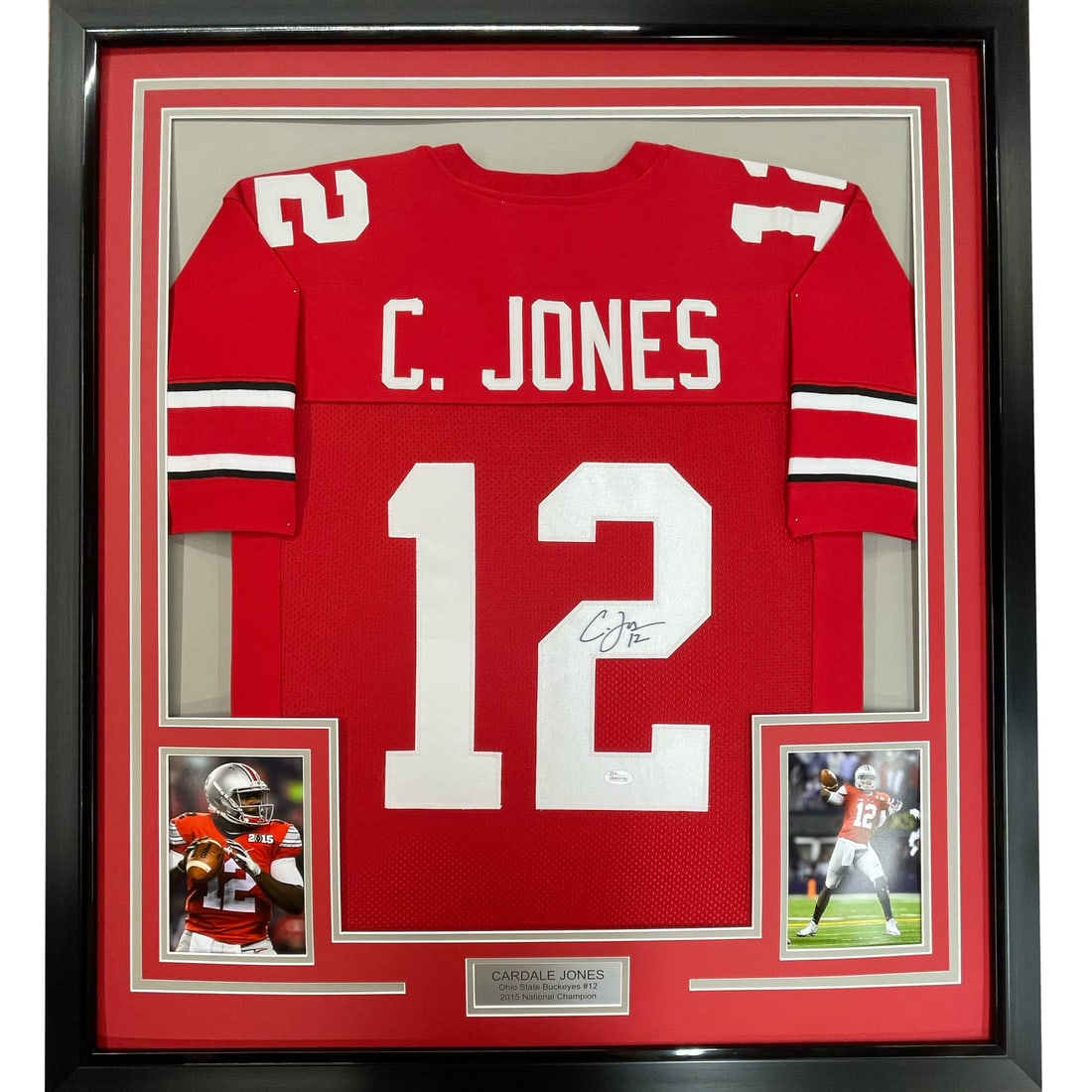 Cardale Jones Signed Ohio State Red Jersey Framed JSA COA: Cardale Jones Signed Ohio State Red Jersey Framed JSA COA This professionally framed and matted Ohio State Buckeyes red jersey is autographed by Cardale Jones. The display includes two 5x7 photographs