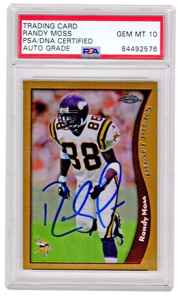 Randy Moss Autographed 1998 Topps Chrome Rookie Card PSA Auto 10: Randy Moss Autographed 1998 Topps Chrome Rookie Card PSA Auto 10 This is a Randy Moss autographed 1998 Topps Chrome rookie card, #35, featuring the legendary wide receiver of the Minnesota Vikings. Th