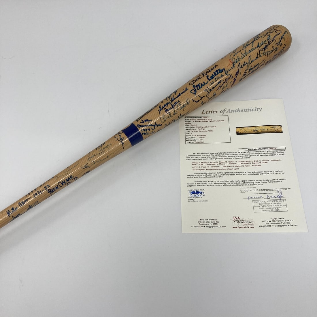 St. Louis Cardinals Multi Signed Bat 70+ Autographs JSA COA: St. Louis Cardinals Multi Signed Bat 70+ Autographs JSA COA This exquisite St. Louis Cardinals multi-signed baseball bat features over 70 signatures, including 18 Hall of Famers. Crafted by Rawlings, 
