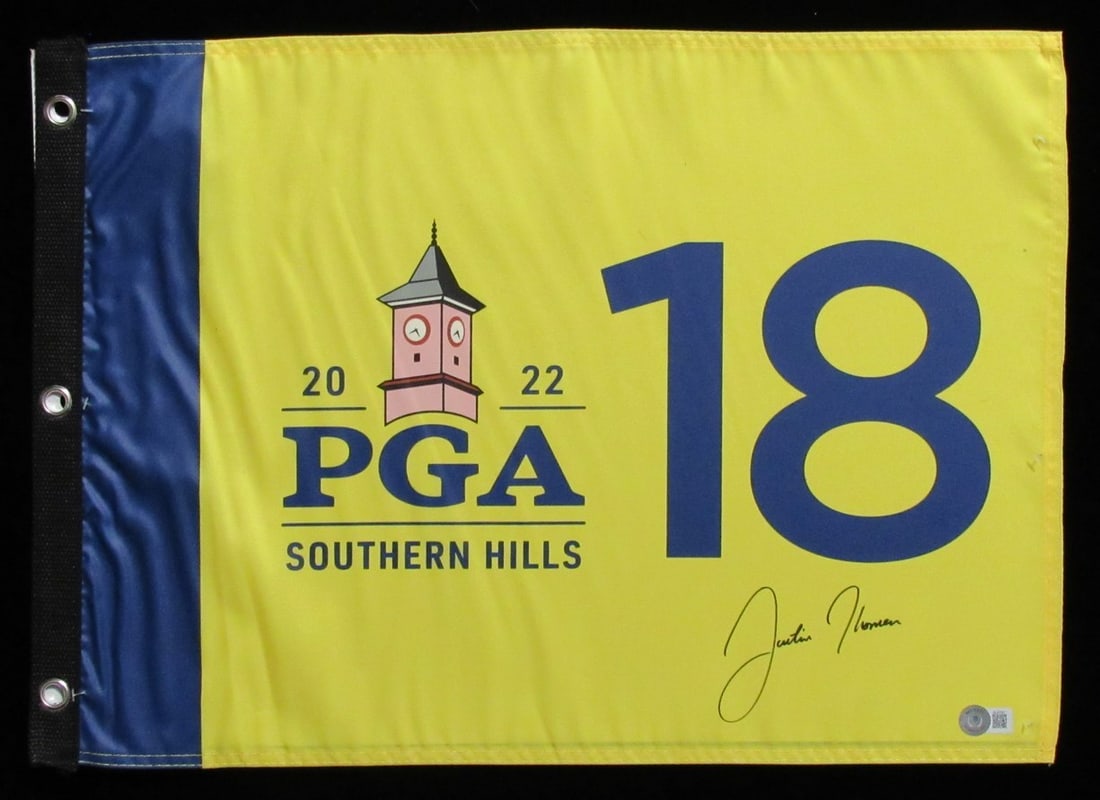 Justin Thomas Signed 2022 PGA Southern Hills Golf Flag Beckett Authenticated 20x14: Justin Thomas Signed 2022 PGA Southern Hills Golf Flag Beckett Authenticated 20x14 Capture a piece of golf history with this authentic Justin Thomas signed 2022 PGA Southern Hills golf flag. Measuring
