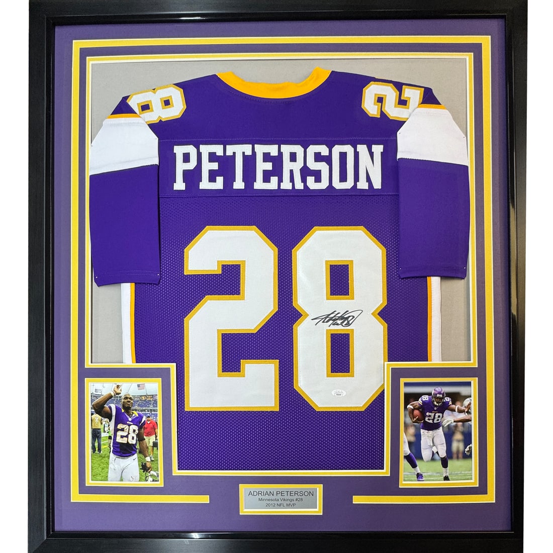 Framed Adrian Peterson Signed Minnesota Vikings Jersey BAS COA 33x42: Framed Adrian Peterson Signed Minnesota Vikings Jersey BAS COA 33x42 Showcase your admiration for one of the NFL's greatest with this professionally framed autographed Adrian Peterson Minnesota Viking