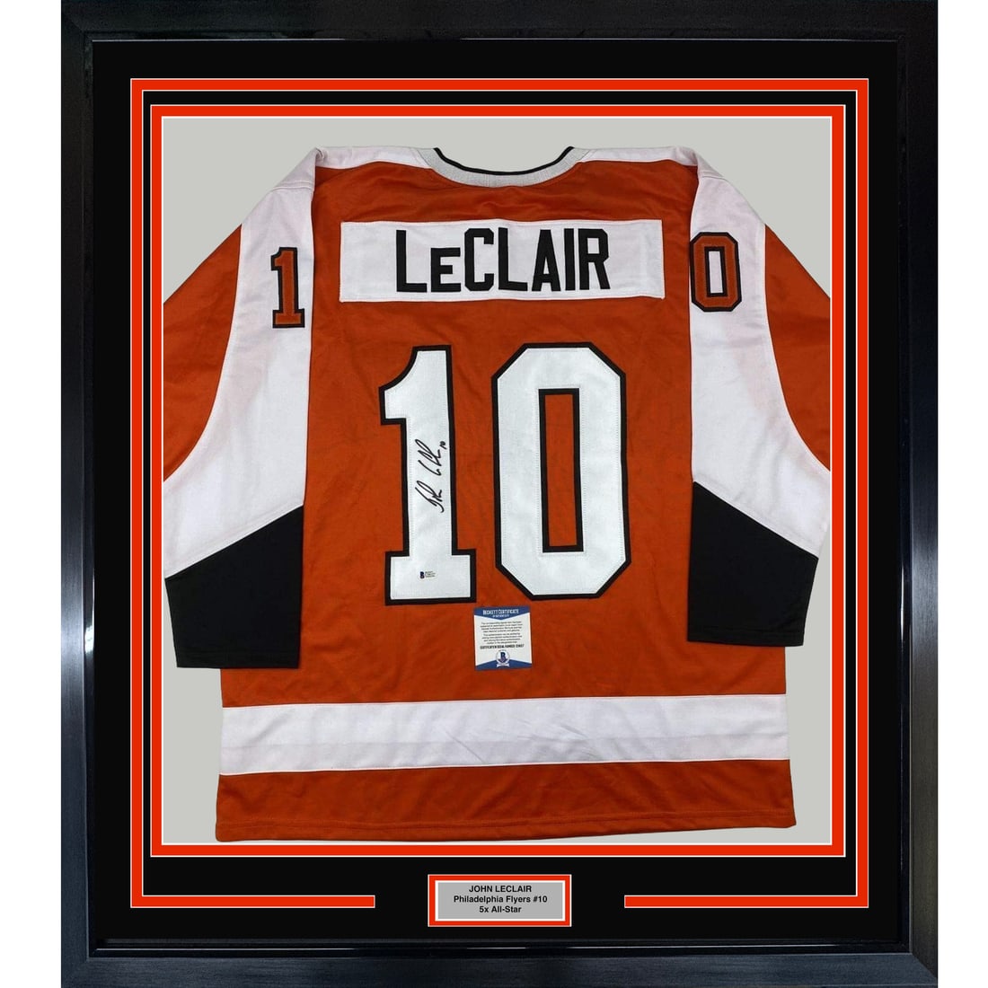 Framed John LeClair Signed Jersey 35x39 Philadelphia Flyers Beckett BAS COA: Framed John LeClair Signed Jersey 35x39 Philadelphia Flyers Beckett BAS COA This professionally framed and matted piece features an autographed John LeClair orange jersey from the NHL's Philadelphia F