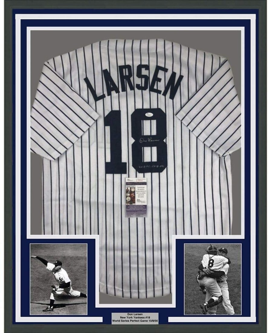 Framed Autographed Don Larsen New York Yankees Jersey with JSA COA 33x42: Framed Autographed Don Larsen New York Yankees Jersey with JSA COA 33x42 Celebrate the legacy of baseball with this professionally framed and matted autographed Don Larsen New York Yankees jersey. Thi
