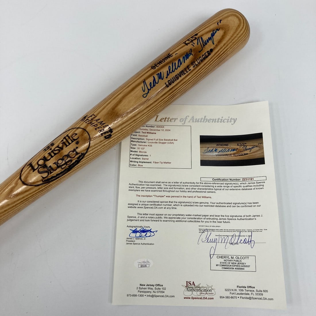 Ted Williams Signed Louisville Slugger 125 Bat Inscribed Thumper JSA COA RARE: Ted Williams Signed Louisville Slugger 125 Bat Inscribed Thumper JSA COA RARE This is an exceptional full-size Louisville Slugger model 125 baseball bat, boldly signed by the legendary Ted Williams, a