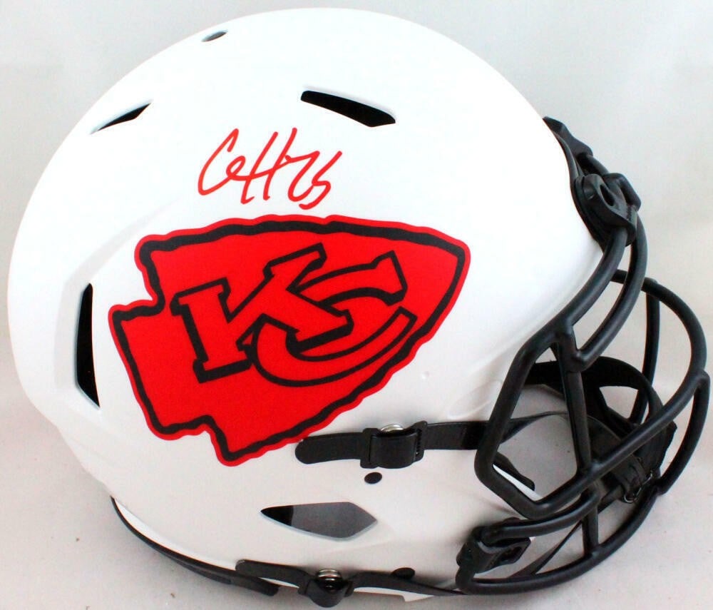 Kansas City Chiefs authentic full size lunar helmet signed by Clyde Edwards-Helaire Beckett: Kansas City Chiefs authentic full size lunar helmet signed by Clyde Edwards-Helaire Beckett This is an authentic Kansas City Chiefs Lunar full-size helmet signed by Clyde Edwards-Helaire. The helmet i
