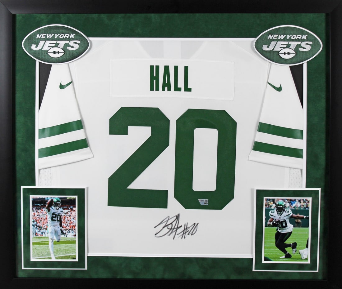 Breece Hall Signed Framed White Nike Jersey New York Jets FAN Authentication: Breece Hall Signed Framed White Nike Jersey New York Jets FAN Authentication This authentic autographed white Nike game jersey of Breece Hall, star player of the New York Jets, is a must-have for any 