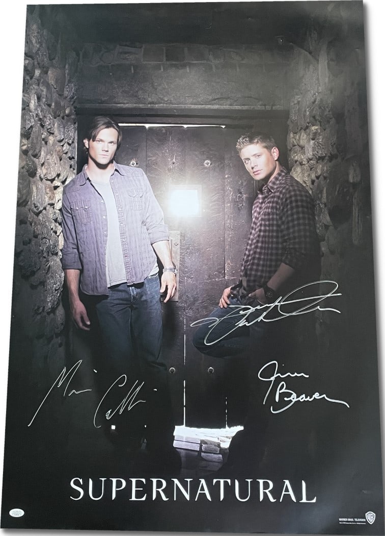 Supernatural Cast Signed 27x40 Poster JSA Authenticated Jensen Ackles Misha Collins Jim Beaver: Supernatural Cast Signed 27x40 Poster JSA Authenticated Jensen Ackles Misha Collins Jim Beaver This is a rare original 27x40 poster from the iconic series Supernatural, autographed by three of its bel