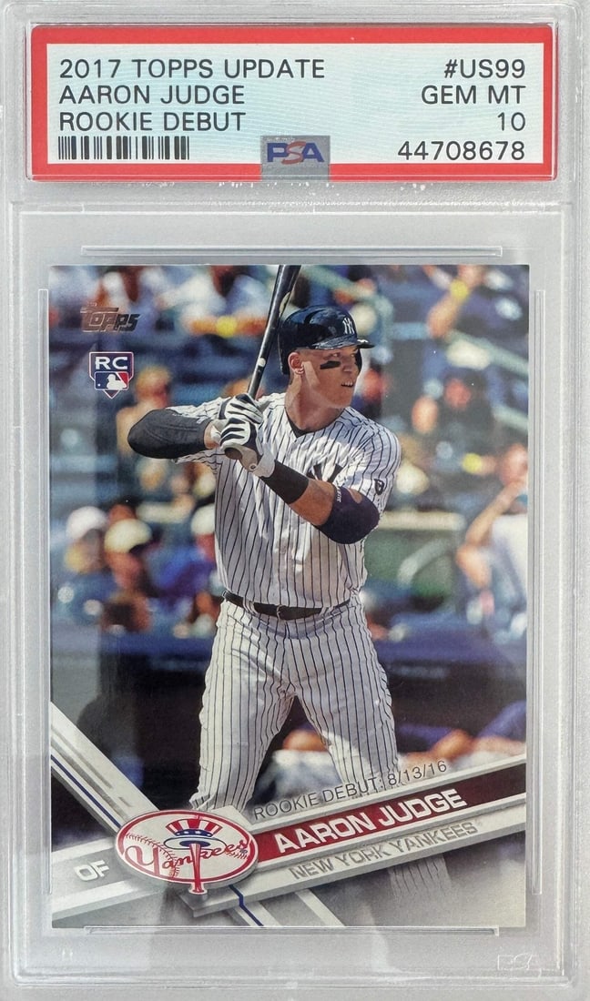 PSA 10 Aaron Judge 2017 Topps Update Rookie Debut #US99: PSA 10 Aaron Judge 2017 Topps Update Rookie Debut #US99 This is an original 2017 Topps Update Aaron Judge #US99 Rookie Debut RC card, professionally graded and encapsulated by Professional Sports Auth