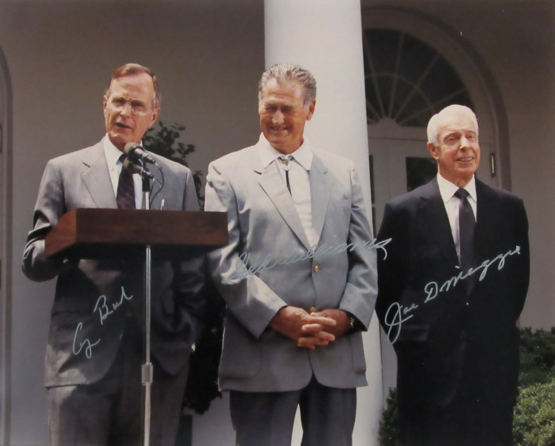 16x20 Photograph Signed by George H.W. Bush Joe DiMaggio Ted Williams PSA DNA: 16x20 Photograph Signed by George H.W. Bush Joe DiMaggio Ted Williams PSA DNA This is an original 16x20 photograph autographed by George H.W. Bush, Joe DiMaggio, and Ted Williams. The photo has been a