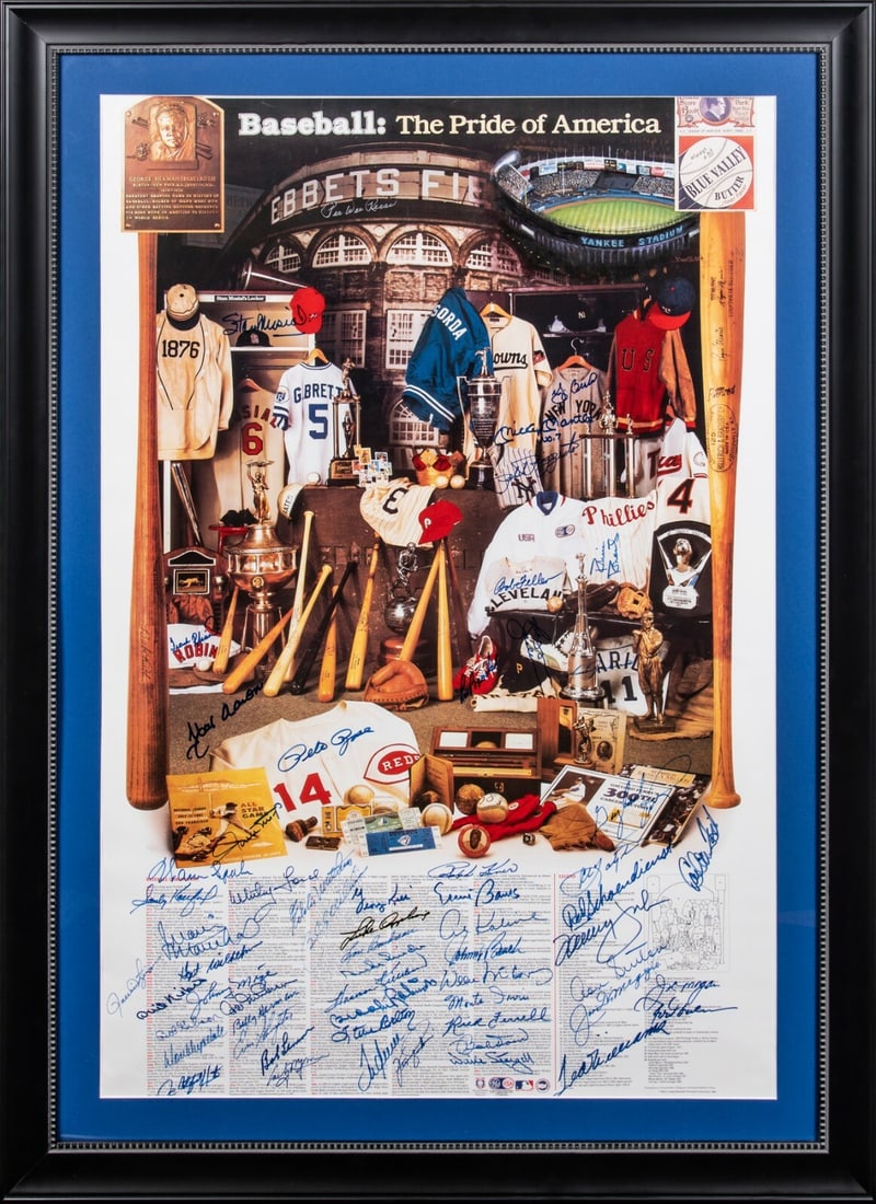 60 HOF Signatures Mickey Mantle Joe DiMaggio Ted Williams Poster JSA COA: 60 HOF Signatures Mickey Mantle Joe DiMaggio Ted Williams Poster JSA COA This stunning multi-signed poster titled "Baseball: The Pride of America" features 60 signatures from legendary Baseball Hall o