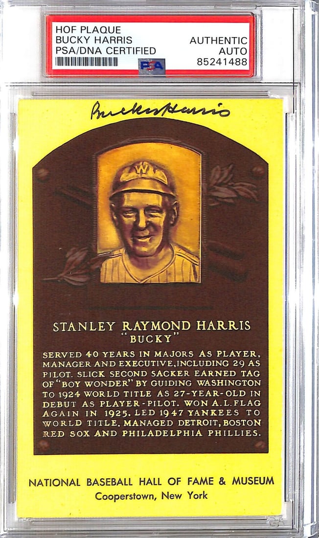 Bucky Harris Signed Hall of Fame Plaque Yankees PSA/DNA: Bucky Harris Signed Hall of Fame Plaque Yankees PSA/DNA This is an original Hall of Fame plaque featuring the autograph of Bucky Harris, a notable player associated with the New York Yankees and Washi