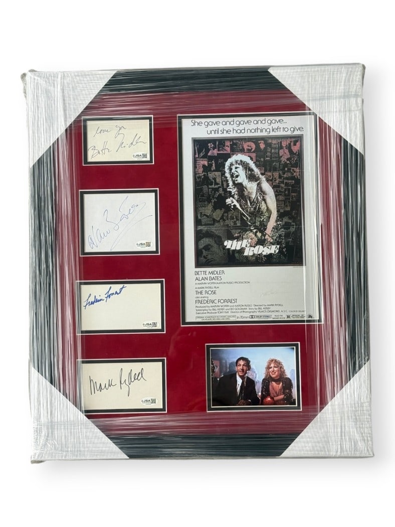 Framed The Rose Cast Signatures Bette Midler Alan Bates JSA Authenticated: Framed The Rose Cast Signatures Bette Midler Alan Bates JSA Authenticated This framed display features autographed cast cuts from the film "The Rose," with signatures from Bette Midler, Alan Bates, Fr