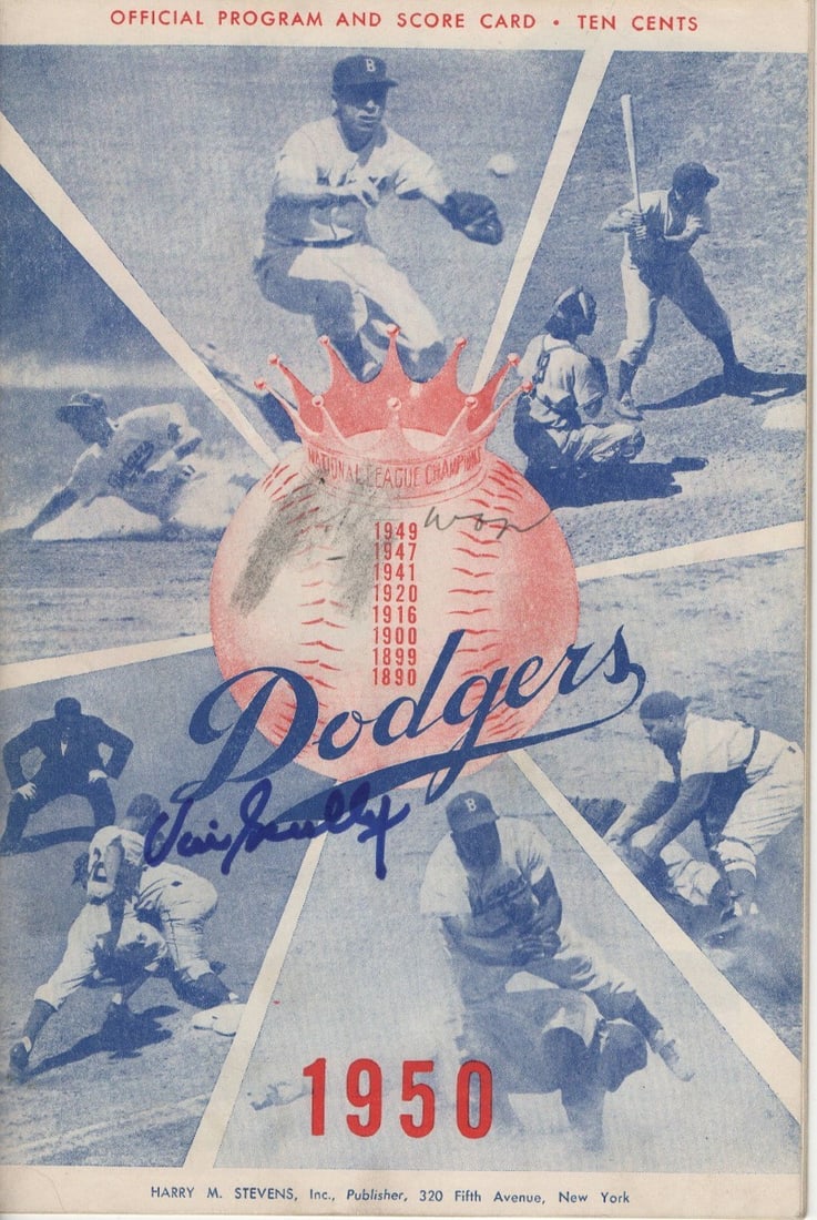 Vin Scully Autographed 1950 Brooklyn Dodgers Program PSA Certified: Vin Scully Autographed 1950 Brooklyn Dodgers Program PSA Certified Celebrate the legacy of baseball with this original 1950 program signed by Vin Scully, the legendary voice of the Los Angeles Dodgers