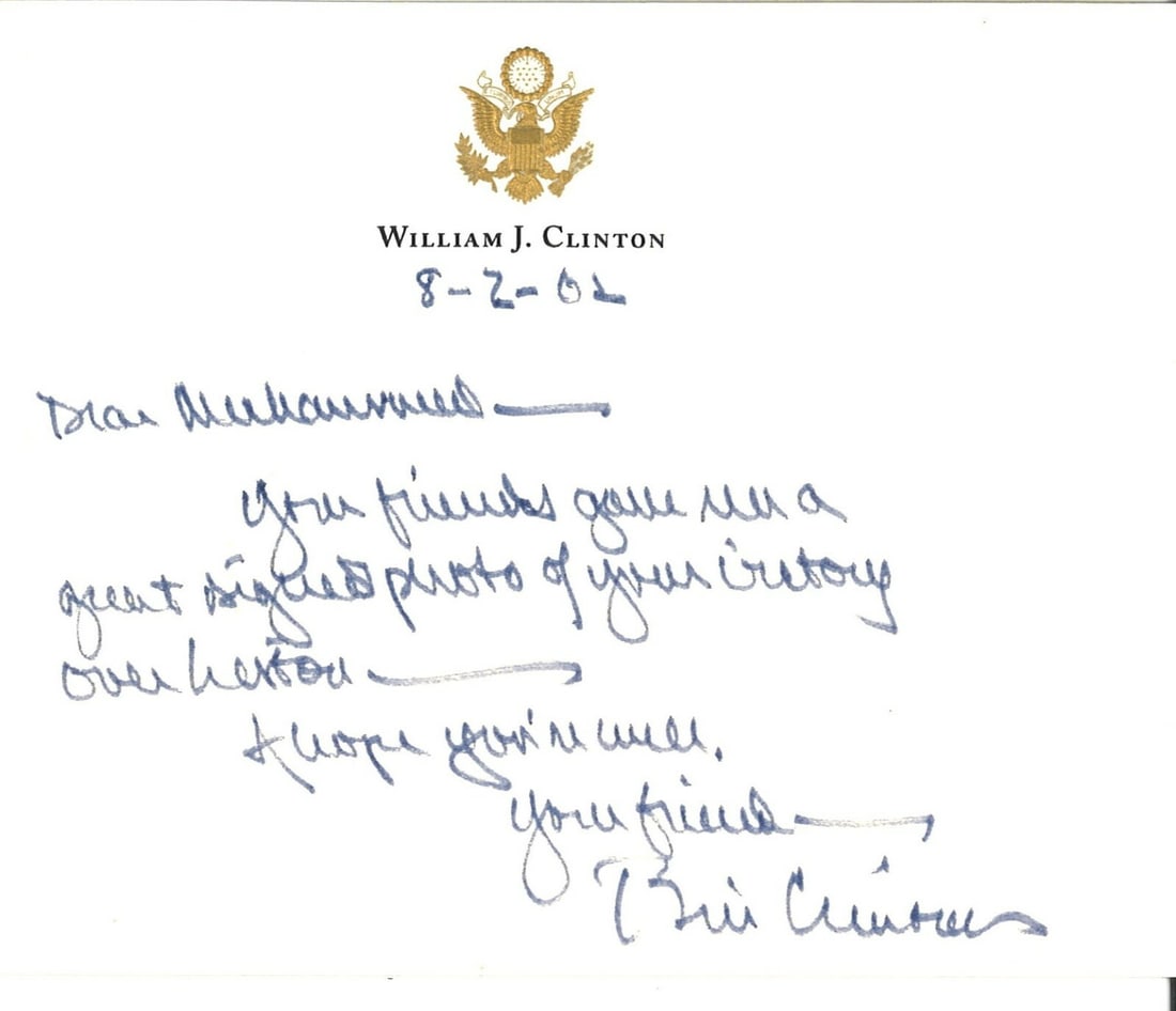 Bill Clinton Handwritten Letter to Muhammad Ali JSA Authenticated: Bill Clinton Handwritten Letter to Muhammad Ali JSA Authenticated This extraordinary handwritten letter from Bill Clinton to Muhammad Ali showcases the close friendship between the 42nd President of t