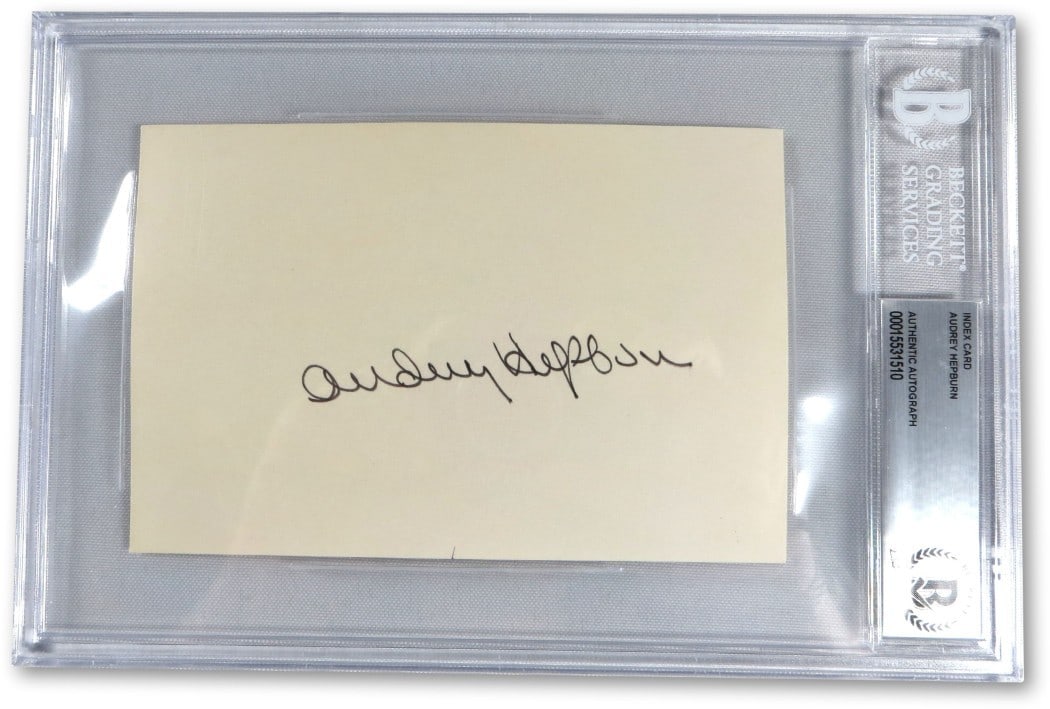 Audrey Hepburn 4X6 Signed Index Card JSA Authenticated Breakfast at Tiffany's: Audrey Hepburn 4X6 Signed Index Card JSA Authenticated Breakfast at Tiffany's This is a 4x6 index card autographed by Audrey Hepburn, renowned for her role in "Breakfast at Tiffany's." The autograph h