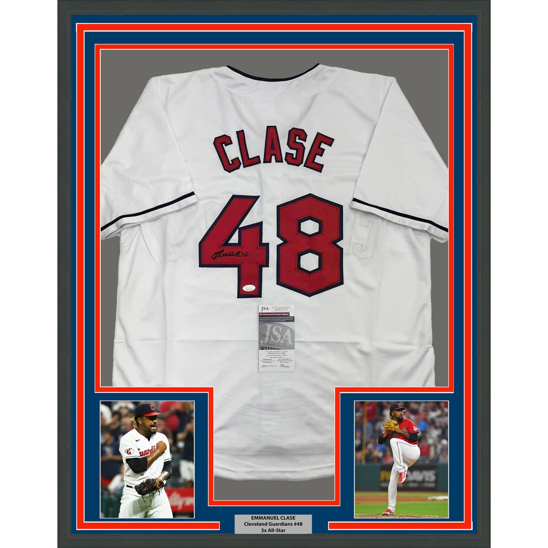 Framed Emmanuel Clase Autographed Cleveland Guardians Jersey with JSA COA 35x39: Framed Emmanuel Clase Autographed Cleveland Guardians Jersey with JSA COA 35x39 Showcase your passion for baseball with this professionally framed and matted autographed jersey of Emmanuel Clase from 