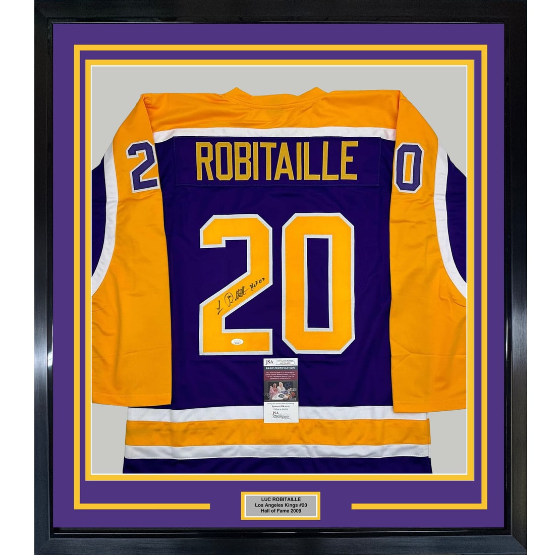 Framed Luc Robitaille Autographed Jersey HOF 2009 LA Kings JSA COA 35x39: Framed Luc Robitaille Autographed Jersey HOF 2009 LA Kings JSA COA 35x39 This stunning piece features a framed autographed jersey of Luc Robitaille, a Hall of Fame player from the NHL. The jersey is e