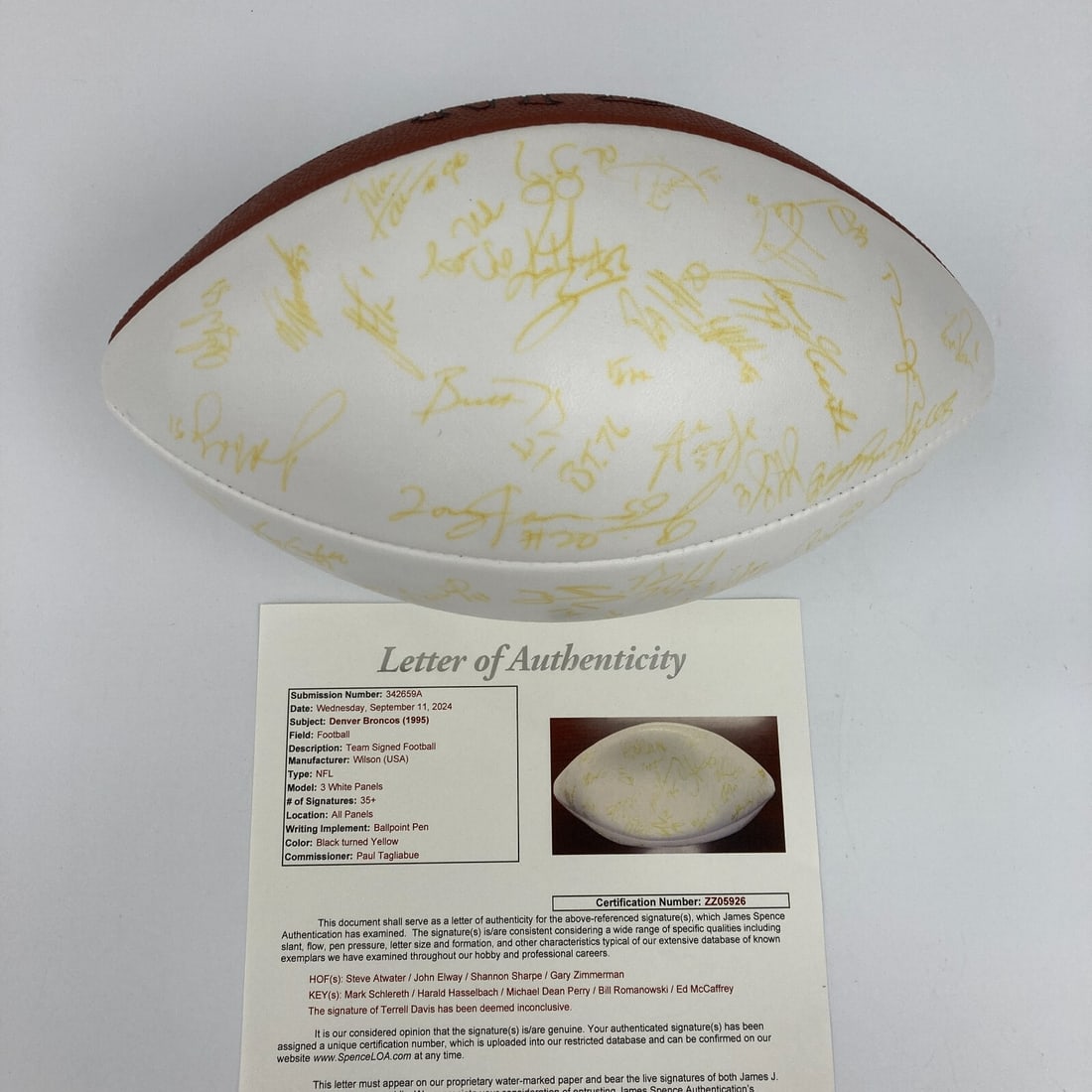 Denver Broncos 1995 Wilson NFL football JSA COA 35+ signatures: Denver Broncos 1995 Wilson NFL football JSA COA 35+ signatures This Wilson NFL football is team-signed by members of the 1995 Denver Broncos, featuring over 35 signatures including Hall of Famers John